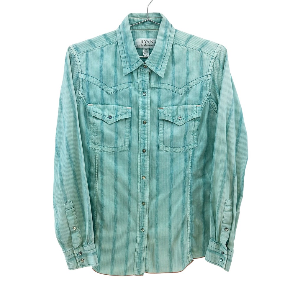 RYAN MICHAEL Silk Blend Striped Pearl Snap Shirt • Medium • teal blue Western